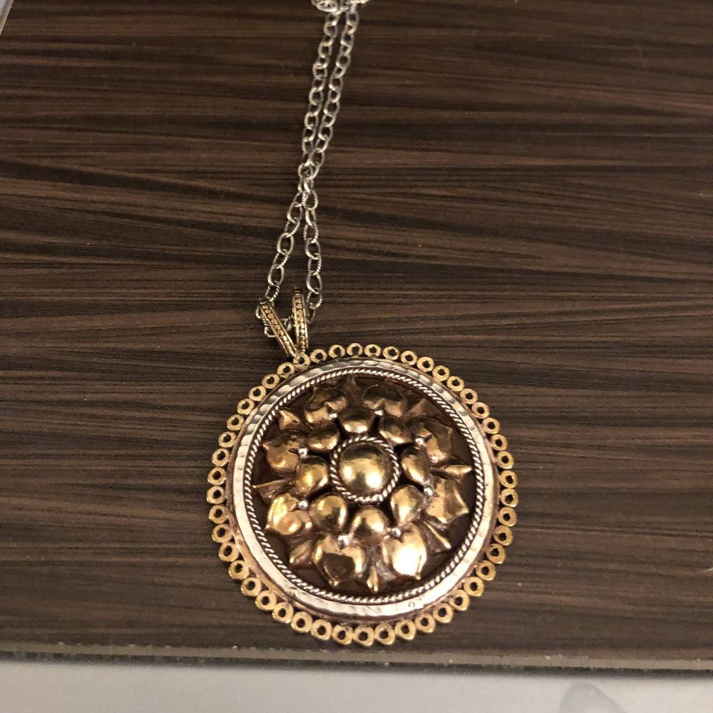 Cynthia Gale New York Borobudur Lotus Carved Sterling Silver Bronze Necklace